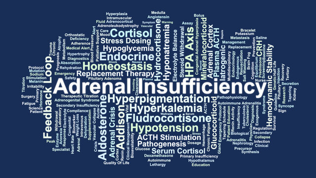 Adrenal Insufficiency Word Cloud. A Professional Mapping of Hormonal Deficiency, HPA Axis Mechanisms, Diagnostic Standards, and Critical Management Protocols for Adrenal Health.