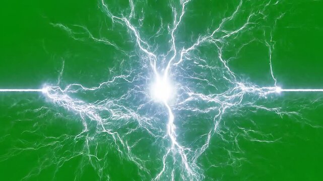 Electricity, glowing white lightning, green background, energy concept, bright spark 4k Video