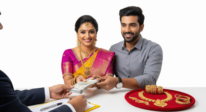 a South Indian couple receiving cash for their gold jewelry, likely depicting a gold loan or jewelry buyback transaction.