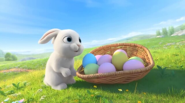 Tracking shot of white rabbit approaching and nudging basket of colorful easter eggs in grassy meadow on sunny spring morning