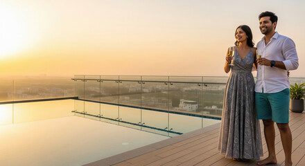 Obraz premium A happy couple enjoys drinks on a rooftop pool terrace while watching a beautiful sunset over the city.