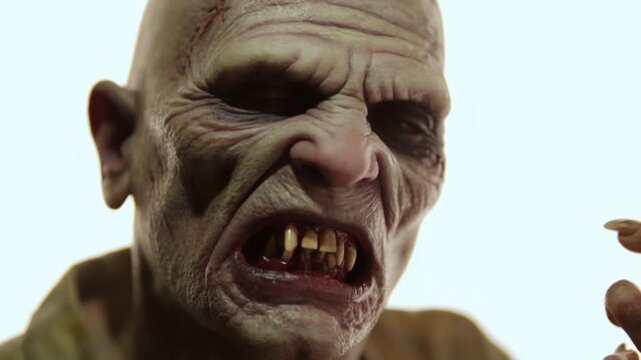 Slow motion tracking push in close up of zombie face snarling and reaching with decayed teeth on white studio background