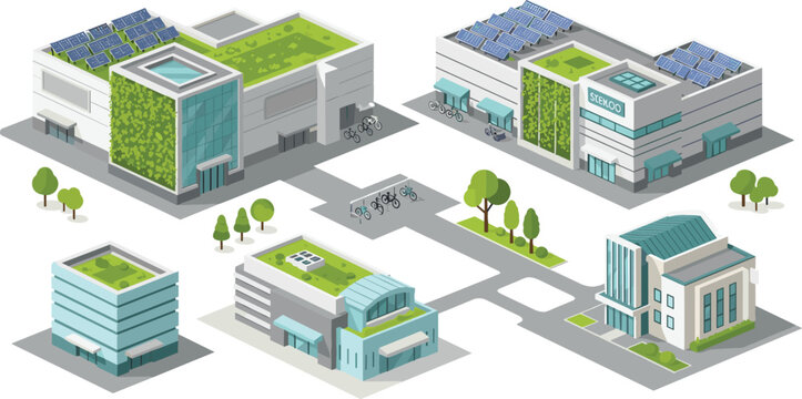 Sustainable green building isometric vector set featuring eco friendly architecture with solar panels and rooftop gardens for smart city design