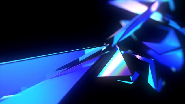 Tracking shot of iridescent glass shards gliding forward past angular prisms and facets across dark studio space with neon blue and purple reflections
