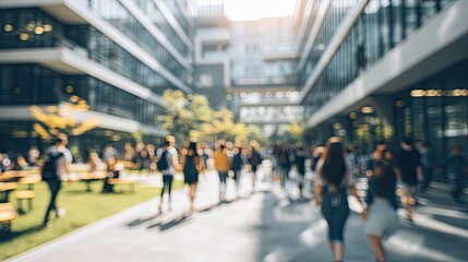 Fototapeta premium Modern University Hallway with Blurred Student Activity