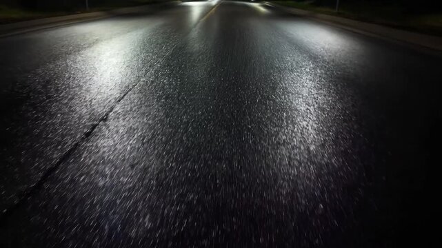 Tracking shot low angle view of wet road surface moving forward on suburban street at night showing headlights reflections and glossy asphalt texture