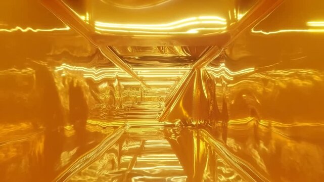 Tracking shot of reflective gold tunnel moving forward through metallic corridor interior with mirrored walls and glowing light