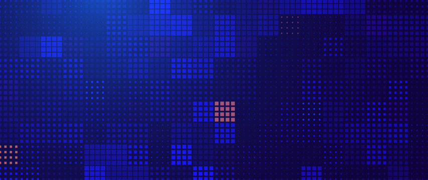 Abstract Digital Pixel Mosaic Background. Blue Halftone Squares Dotted Grid Pattern. Futuristic Technology Backdrop Design. Tech Cyber Data Texture. Vector Illustration