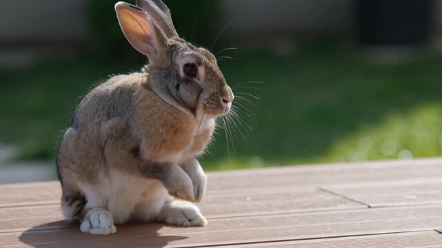 A rabbit sits on a wooden deck in a backyard on a sunny day.