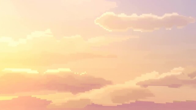 Panning slow tracking shot of pixel art pastel clouds drifting across open sky at sunrise with warm golden light