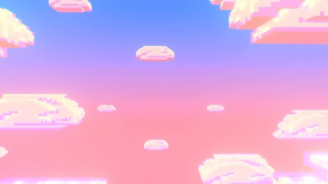 Panning slow motion shot of pixelated clouds drifting across pastel gradient sky background in virtual retro 8 bit animated atmosphere