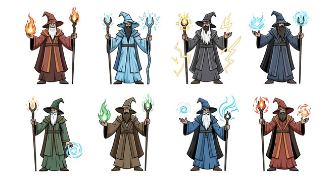 Collection of eight diverse fantasy wizards casting elemental spells&mdash;fire, ice, lightning, nature, water, earth, energy, and arcane magic, rendered in a vibrant comic book style.