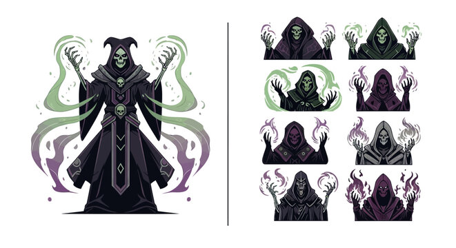 A detailed, stylized depiction of a dark sorcerer or necromancer figure, with a skeletal face, hooded cloak, and conjuring ethereal energy or magic, set against a white background; fantasy d