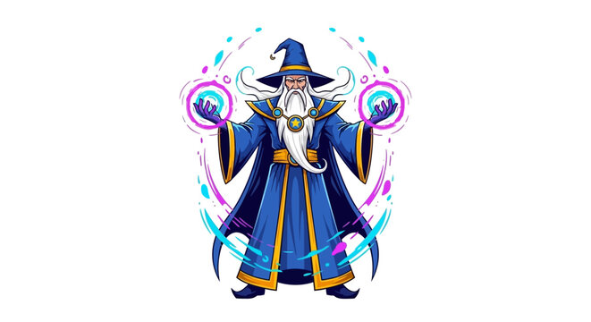 A majestic wizard, depicted in a vibrant cartoon style, wearing a long blue robe and hat, conjuring magical orbs of energy with expressive hands against a clean, white background, suitable f