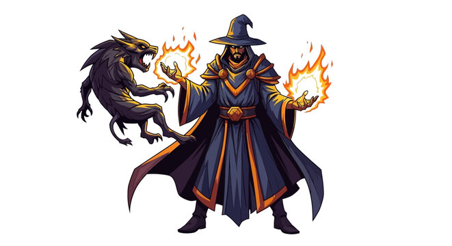 Mystical wizard casting energy orbs in combat against a fierce creature during an arcane battle scene illustration