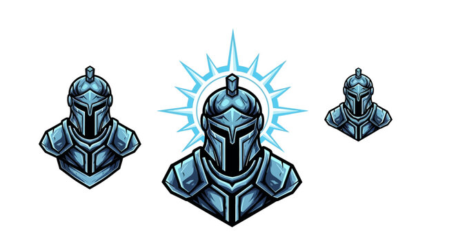 Digital Rendering Of Medieval Warrior Helmets With Ornate Metal Armor Detailed And Stylized For Fantasy Game Or Historical Theme Iconography