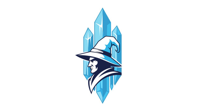 Mysterious wizard wearing a pointed hat with ice crystal background emblem and symbol for fantasy and magic themes