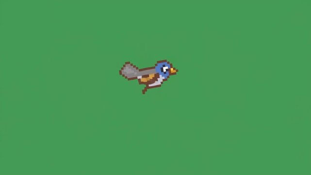 Static shot of pixel sprite bird flapping wings and flying across solid green screen background in side view looping animation