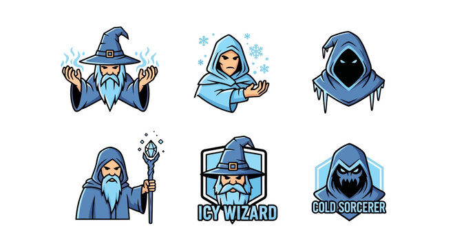 Collection Of Fantasy Wizard Character Icons With Magical Ice Elements For Gaming And Fantasy Projects