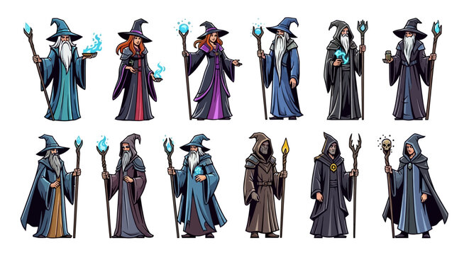 Collection of diverse fantasy wizards and sorcerers in assorted robes and staffs casting magical spells and conjuring energy in a studio setting