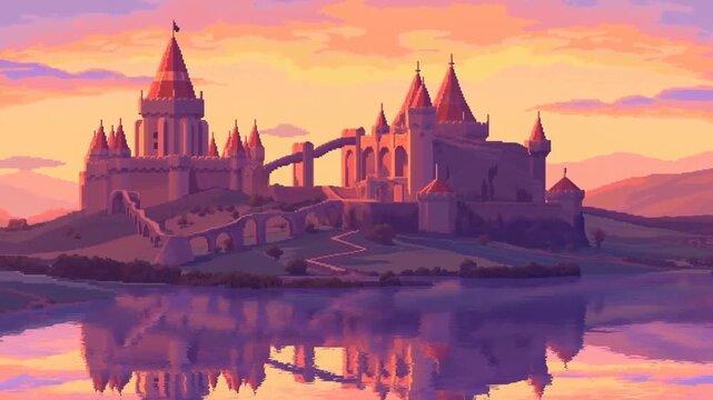 Panning shot of castle reflecting on lake at sunset with slow tracking move across lakeside medieval fortress over calm water with towers and battlements in warm pastel light