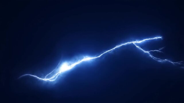 Slow motion static shot of lightning bolt arcing and traveling across dark studio background at night with blue glowing energy streak