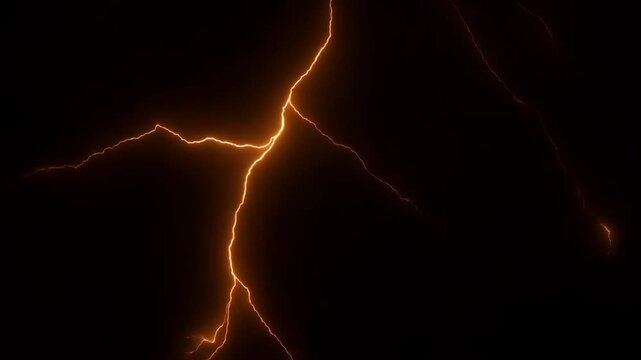 Slow motion zoom in on glowing lightning bolts arcing and striking downward across dark void background with pulsing electric energy