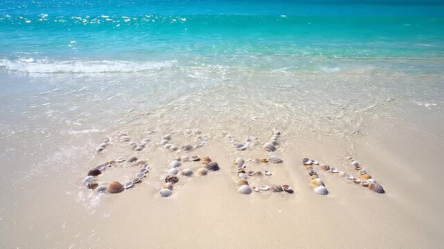 Ocean Wave Reveals &ldquo;NOW OPEN&rdquo; Message Made of Seashell Letters on Sunny Beach