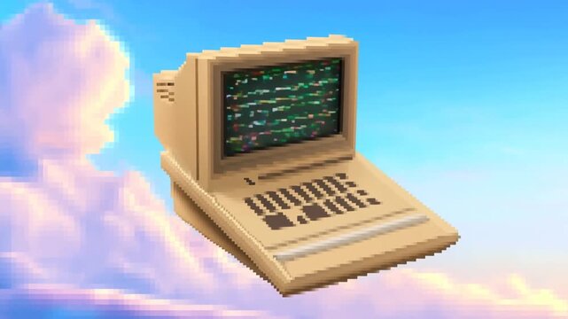 Slow tracking shot of vintage computer drifting across pastel cloud sky with pixelated screen and blocky keyboard in surreal nostalgic atmosphere