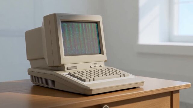 Tracking shot of vintage computer sitting on wooden desk sliding slightly toward window in sunlit interior room