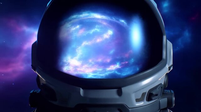 Slow zoom in of astronaut helmet reflecting swirling galaxy and nebula in visor close up shot in deep outer space orbit environment