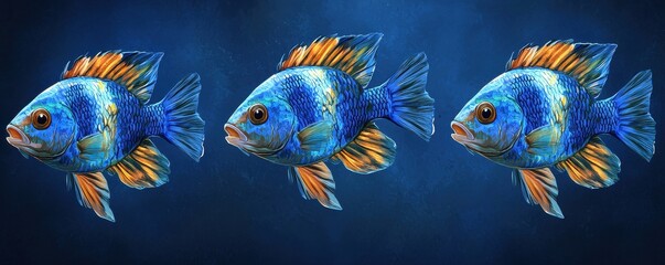 Fototapeta premium Three vivid blue and orange striped tropical fish swimming in deep blue water