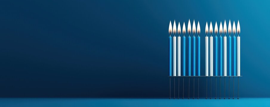 Illuminated blue and white Hanukkah menorah candles stand against  deep blue studio setting