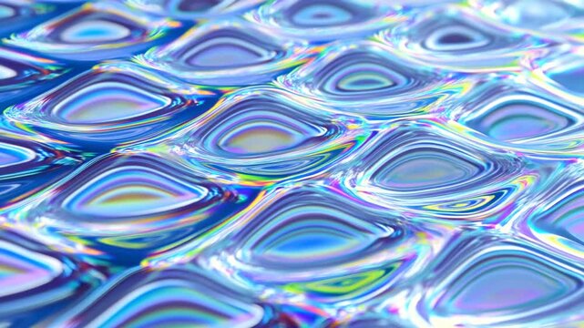 Slow motion close up of iridescent liquid ripples moving across reflective surface under studio lighting and macro perspective