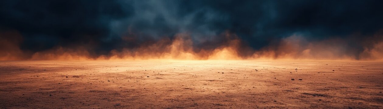 Expansive dusty desert landscape under  dramatic fiery orange and dark blue storm sky