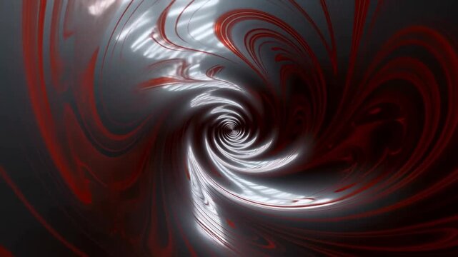 Rotating zooming tracking shot of metallic liquid swirl spiraling inward around dark vortex in abstract space background