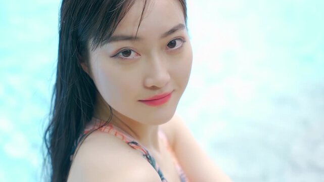 Portrait of cheerful young woman tourist in bikini in swimming pool smiling, looking at the camera friendly welcome greeting while relaxing vacation happy holiday at luxury hotel tropical resort villa