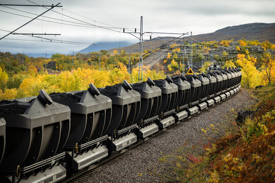 Train wagons loaded with coal moving on railway tracks