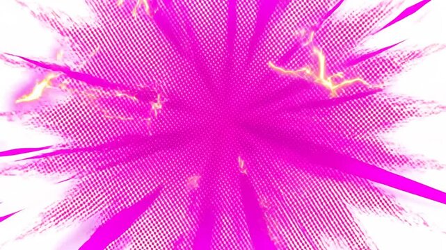 Slow motion radial zoom of pink halftone comic style explosion with electric sparks expanding on white graphic background