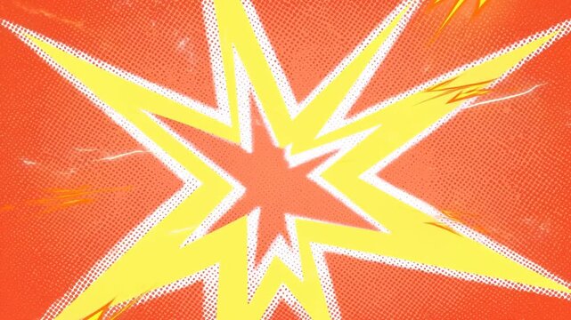 Zoom out animated shot of comic style explosion star burst expanding across yellow orange halftone background panel in retro pop art poster layout