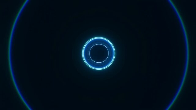 Smooth zoom inward on glowing concentric rings rotating and pulsing over dark abstract digital interface background