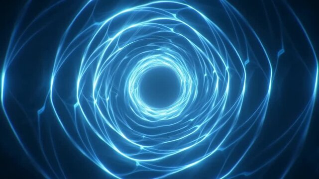 Tracking zoom shot of glowing energy vortex spiraling into dark tunnel core with rotating luminous rings in abstract digital interior