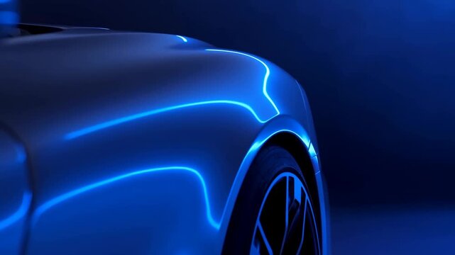 Tracking shot slow motion of car fender sliding past wheel with blue neon reflections in dark studio automotive product reveal