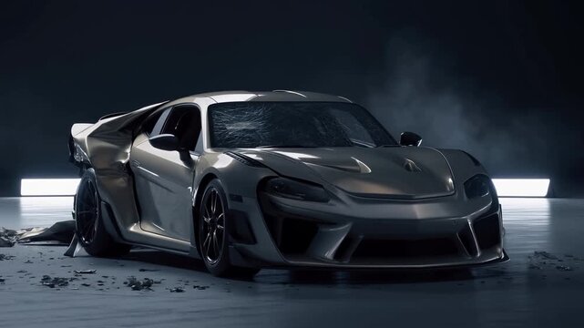 Slow motion tracking shot of damaged luxury sports car rotating reveal in dark studio with debris smoke and shattered windshield on reflective floor