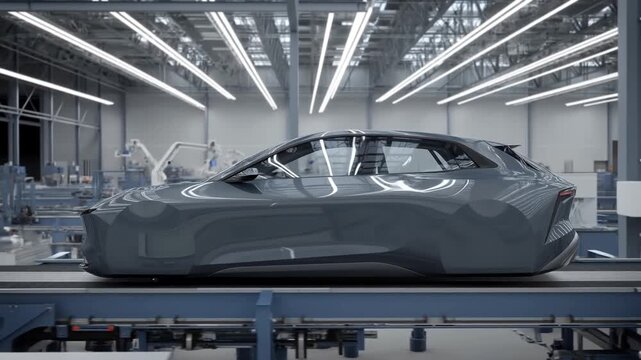 Tracking shot of electric sedan profile moving along assembly line with dolly movement in modern automotive production factory hall