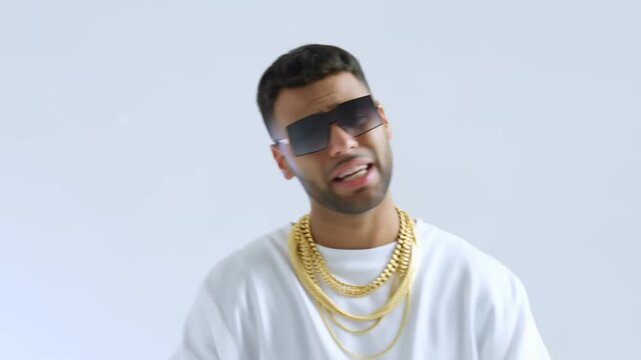 Tracking shot of male rapper gesturing and lip syncing in white studio with gold chains and sunglasses