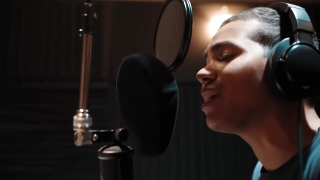 Handheld tracking shot of singer rapping into studio microphone during vocal recording session in soundproof booth