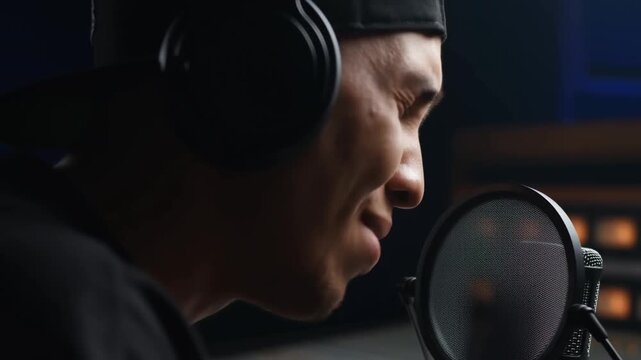 Dolly in slow tracking close up of vocalist rapping into pop filtered microphone inside recording studio vocal booth at night