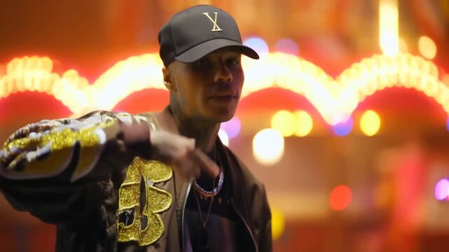 Tracking shot of man gesturing and pointing in arcade with neon lights at evening carnival fairground street