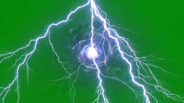 Electric lightning, glowing energy, green background, stormy weather, dynamic effect 4k Video